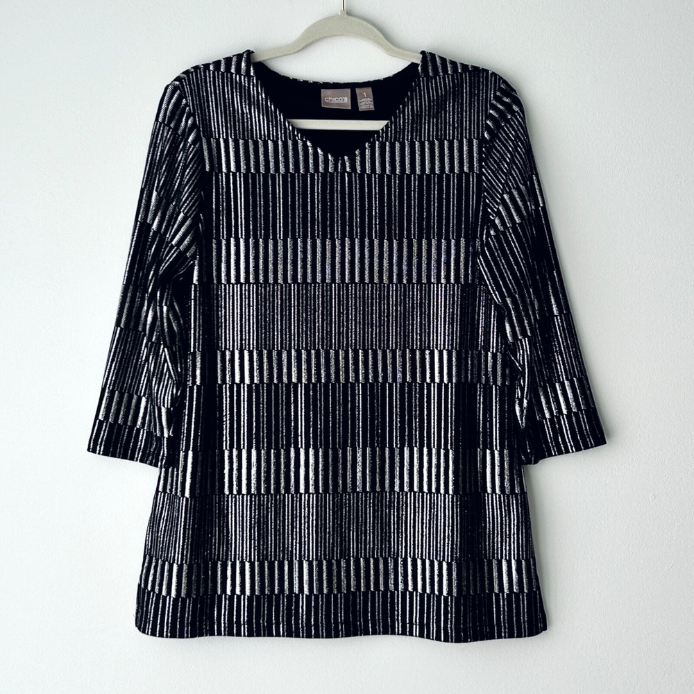 Chico's Women's 1 Black Silver Multi 3/4 Sleeves Jazlyn Rib Foil Tunic Top NWOT